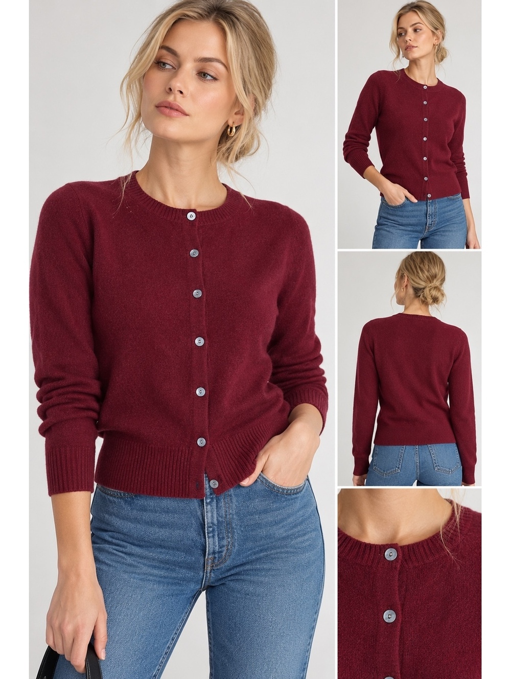 Apostrophe Burgundy 100% Cashmere Button-Up Cardigan Sweater Large